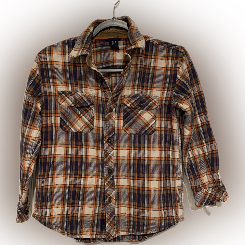 GAP Kids Boys Plaid Button Down Shirt Blue Orange